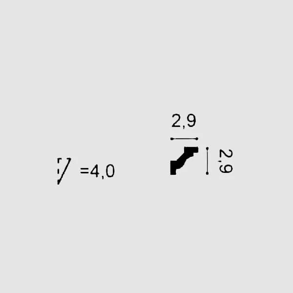 Technical drawing of Orac C333 coving profile, 2.9 x 2.9 cm, 4.0 cm diagonal