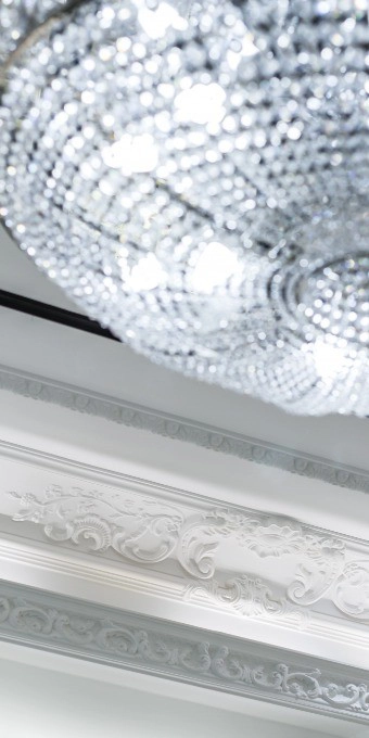 Orac Decor C201 Coving with ornate white ceiling and elegant crystal chandelier