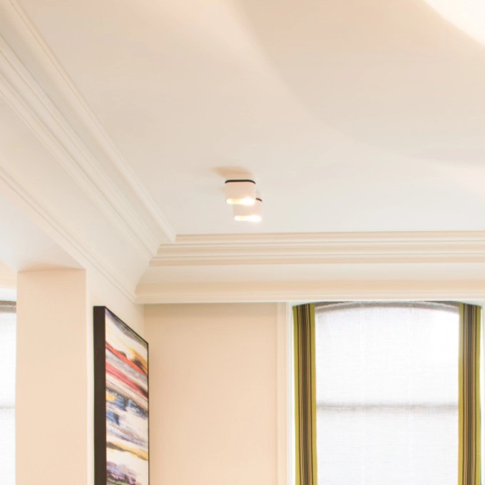 Orac Decor C336 Coving in corner of a modern living room with ceiling spotlights