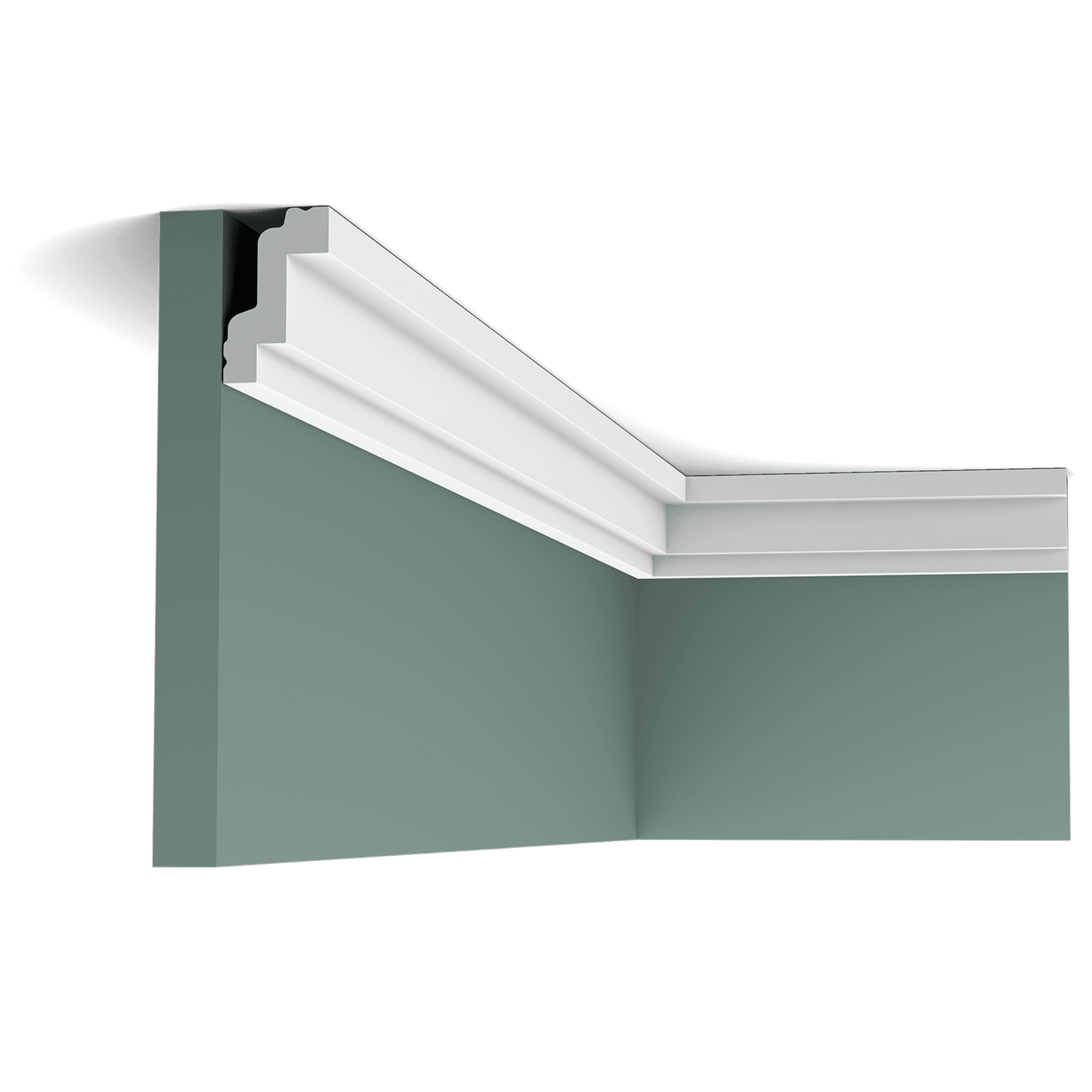 Orac CB351 coving in a room corner on a green wall, white decorative moulding fitted at ceiling level