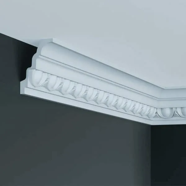 Elite Decor C701 coving in a white wall and ceiling corner on a gray wall