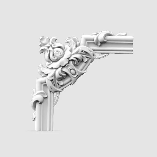 Elite Decor CR807A ornate white panel moulding with floral and scrollwork design in a room corner