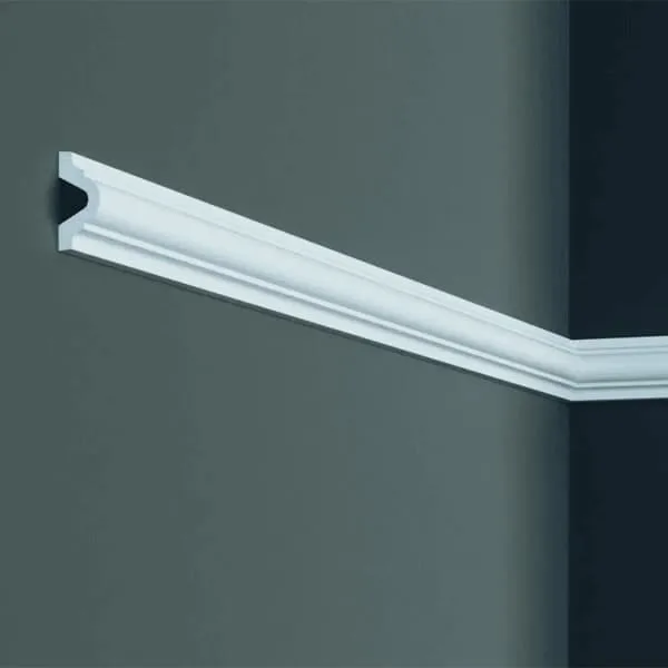 Elite Decor CR810 coving in a dark gray wall corner, white decorative moulding installed near the ceiling