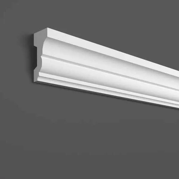 Elite Decor CR911 coving in a room corner, white decorative moulding on a grey wall background