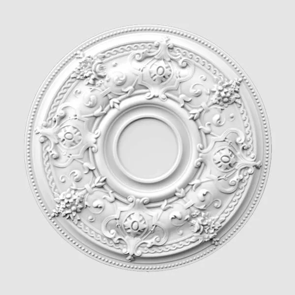 Elite Decor R135 ornate white ceiling rose with floral and scrollwork design