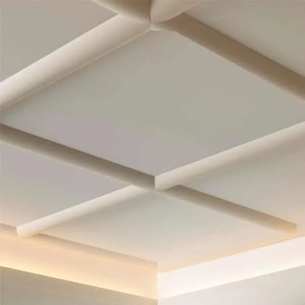 Orac P3070 coving in a modern ceiling with geometric recessed panels and soft lighting