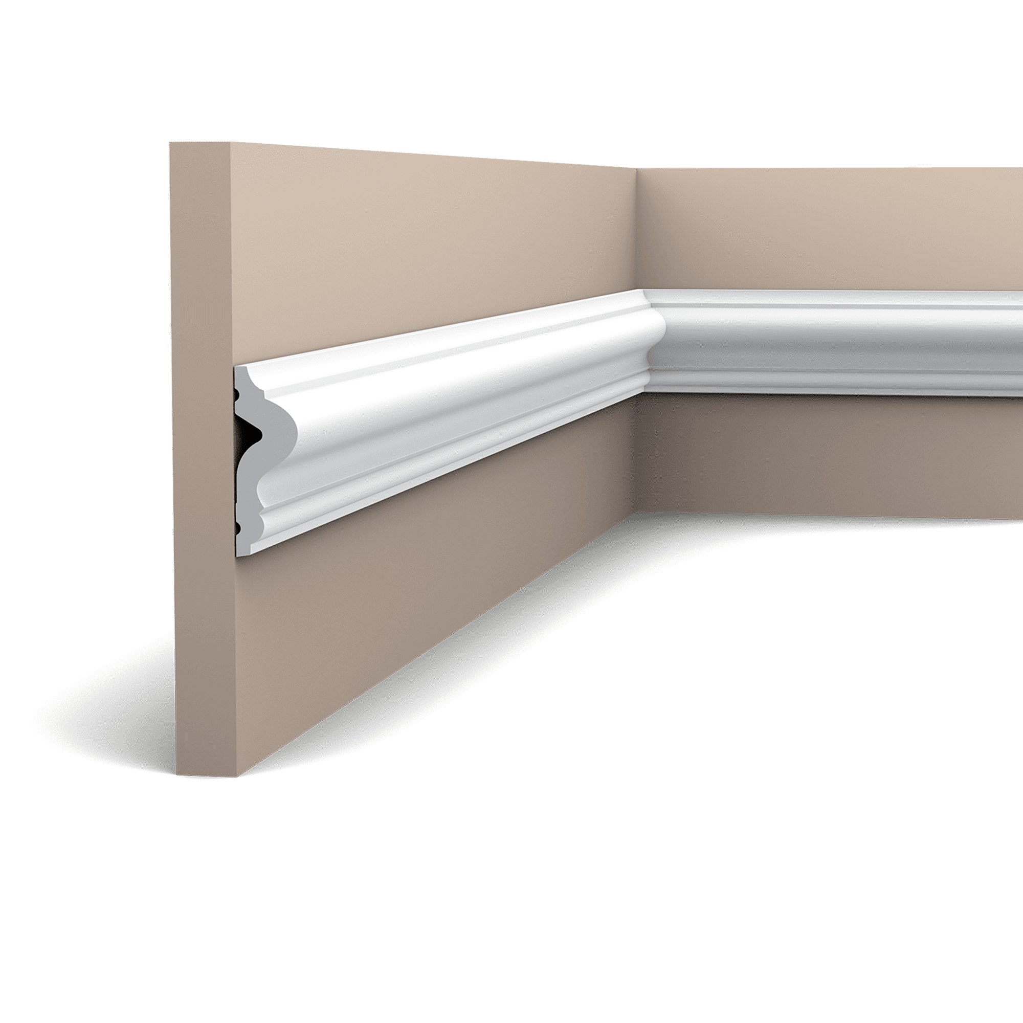 Orac Decor PX175 coving installed in a room corner on beige walls and white ceiling