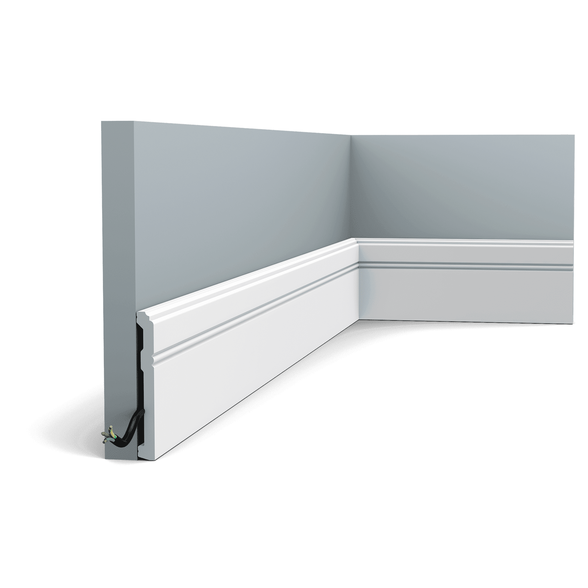 Orac SX105 skirting on a gray wall corner with white modern baseboard molding