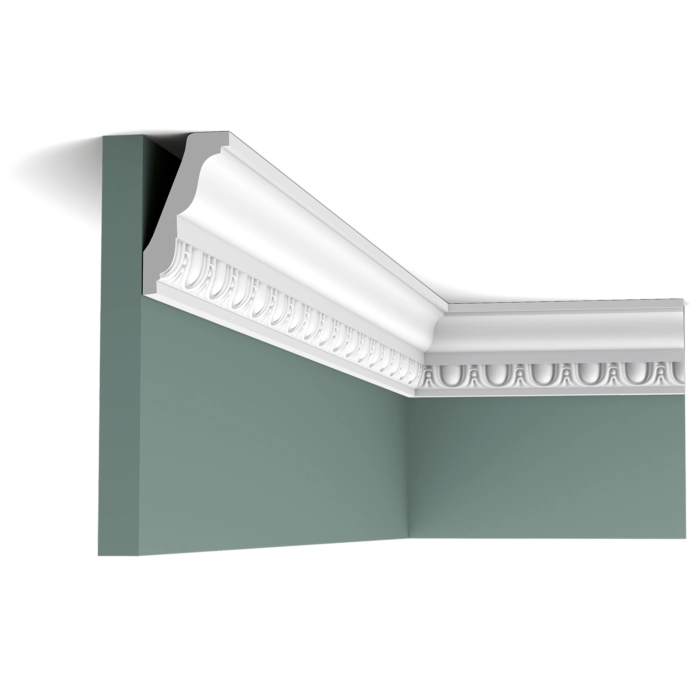 Orac Decor C212 Coving in a green room corner with white decorative molding installed along the ceiling
