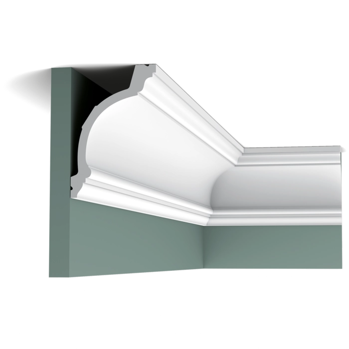 Orac Decor C217 Coving in a room corner on a green wall, decorative profile installed below the ceiling
