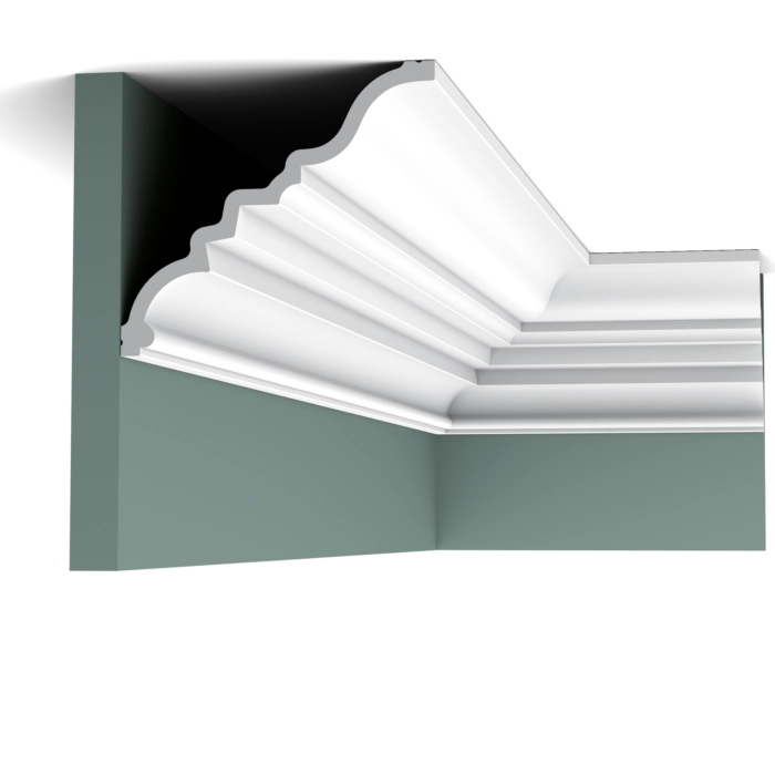 Orac Decor C327 coving in white, fitted at the corner of the wall and ceiling