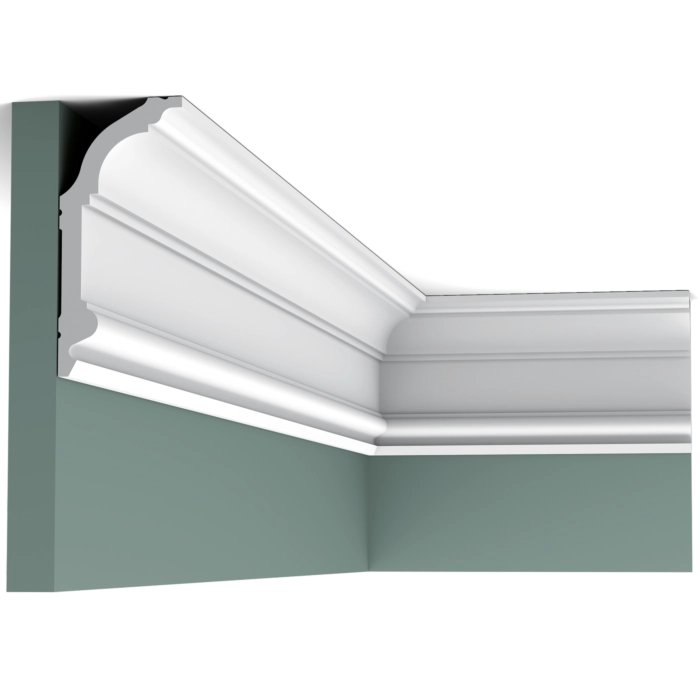 Orac Decor C339 Coving in a room corner on a green wall, with ceiling visible