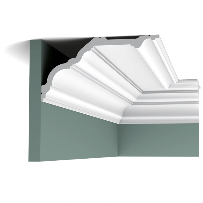 Orac Decor C340 Coving in a room corner on a green wall, decorative moulding profile