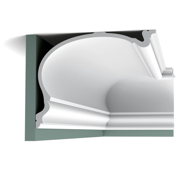 Orac Decor C344 coving in a room corner with ornate white moulding on the ceiling