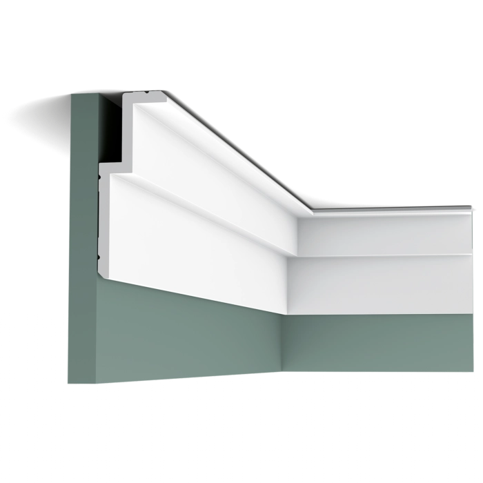 Orac Decor C391 Coving on green wall and ceiling corner, modern white cornice molding