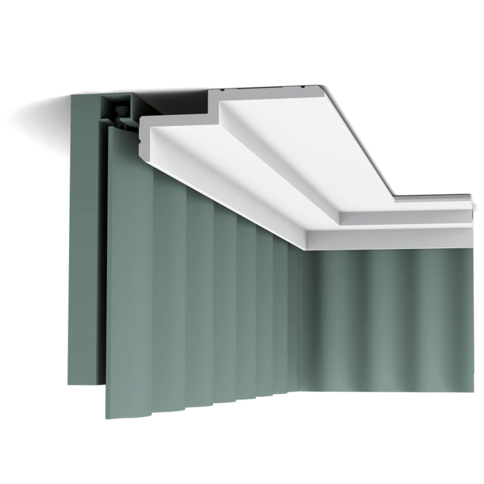Orac Decor C391 ceiling-mounted curtain profile with green drapes
