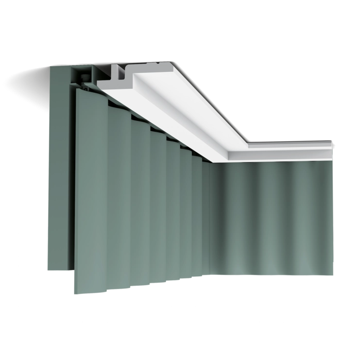 Orac Decor C394 curtain profile in ceiling corner with vertical blinds
