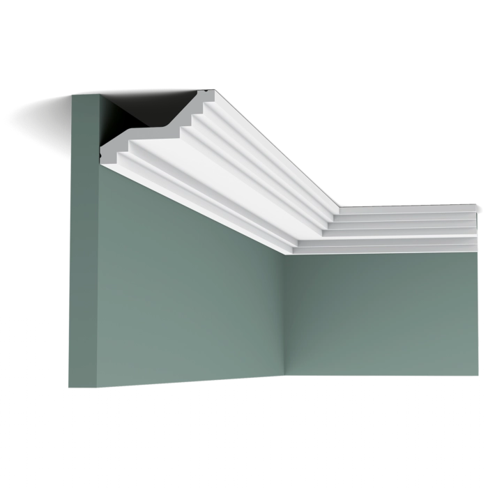 Orac Decor C400 Coving in a room corner with green walls and white decorative moulding