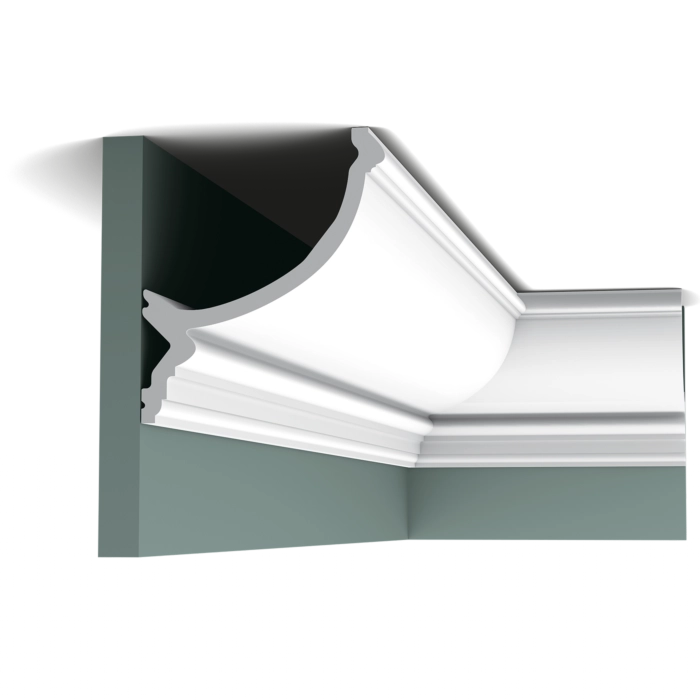 Orac Decor C900 Coving in a room corner with green walls and white decorative moulding