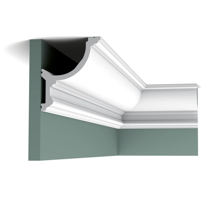 Orac Decor C901 Coving in a room corner on a green wall, decorative white moulding trim
