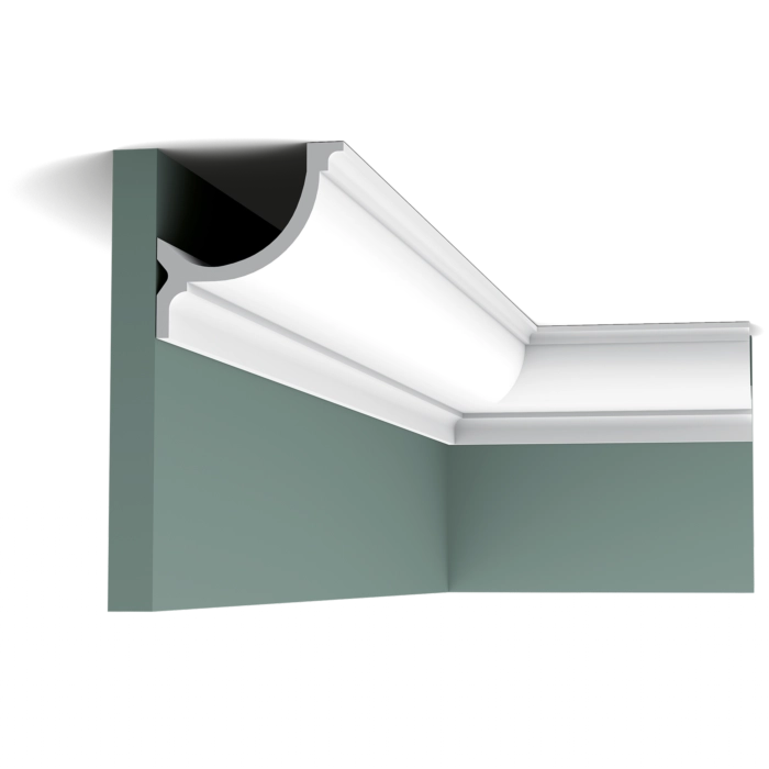 Orac Decor C902 Coving in a room corner on a green wall, showing the profile detail