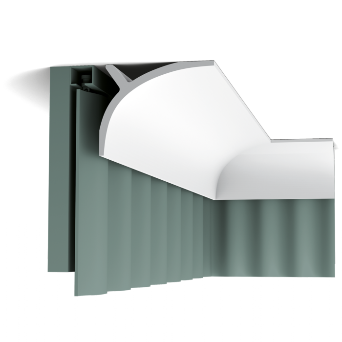 Orac Decor C991 curtain profile on curved ceiling with integrated lighting and curtain track system
