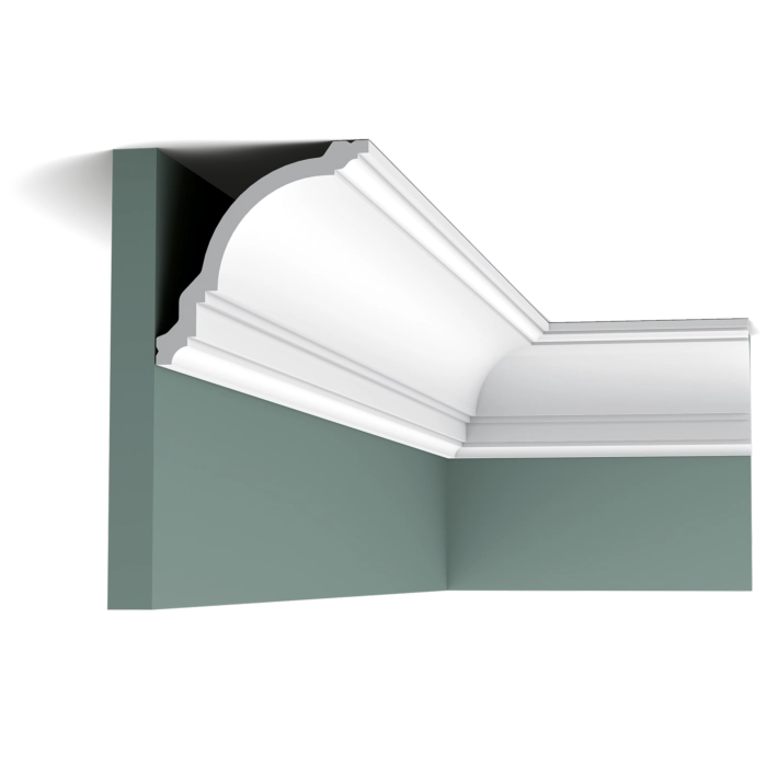 Orac CX106 Coving on a green wall corner, showing decorative profile detail