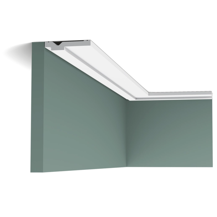 Orac Decor CX161 coving on a green wall corner with a modern white ceiling profile