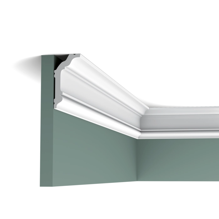 Orac CX176 Coving in a room corner on green walls with white decorative ceiling moulding