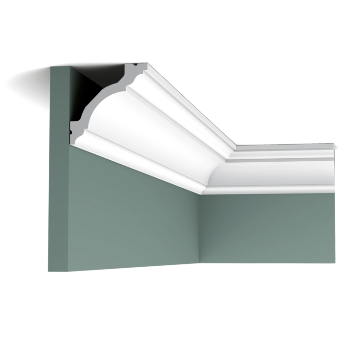 Orac Decor C213 coving in white on a green wall corner