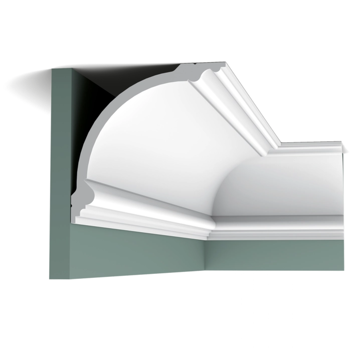 Orac C338 Coving in room corner, white decorative moulding against dark background