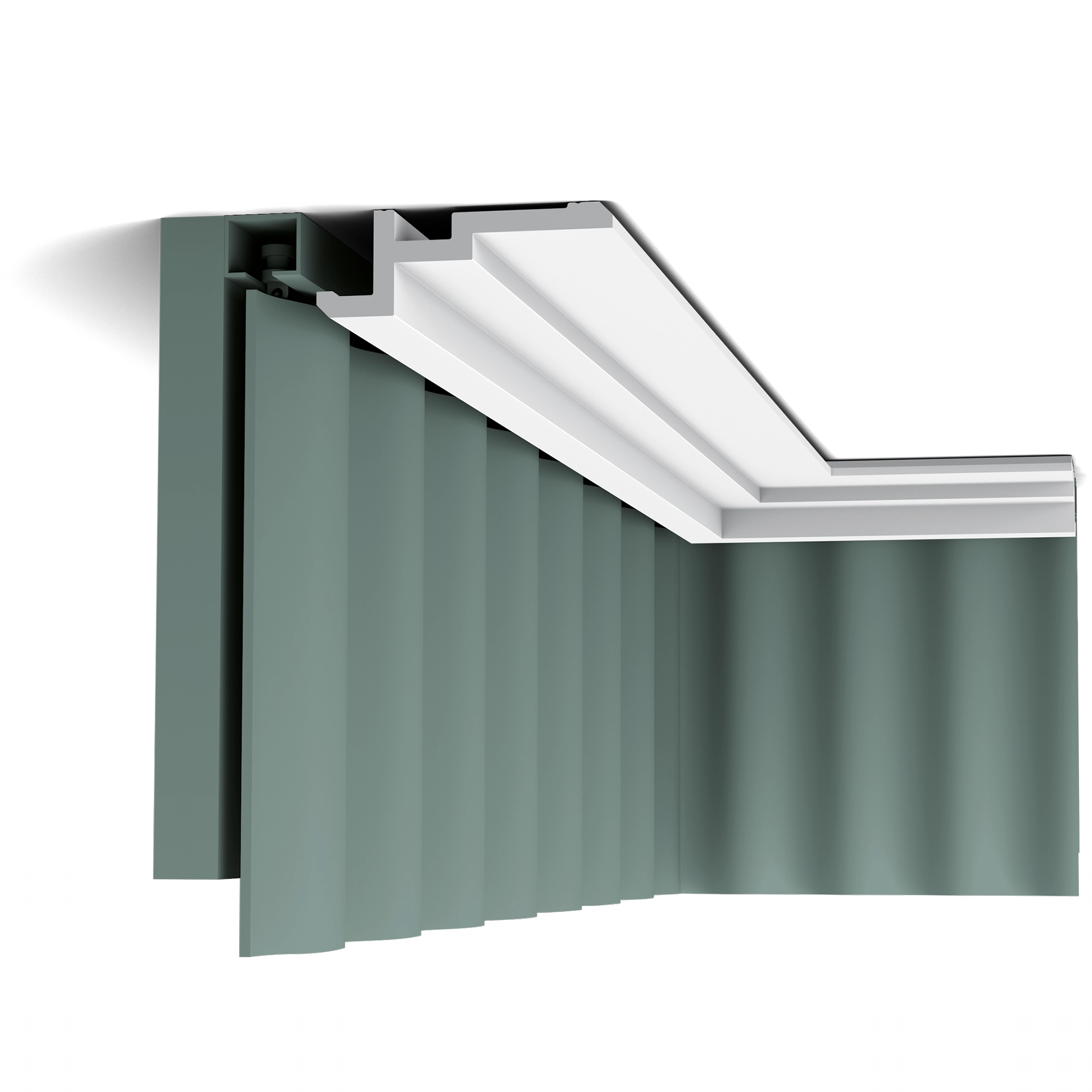 Orac Decor CX196 ceiling-mounted curtain profile with green drapes