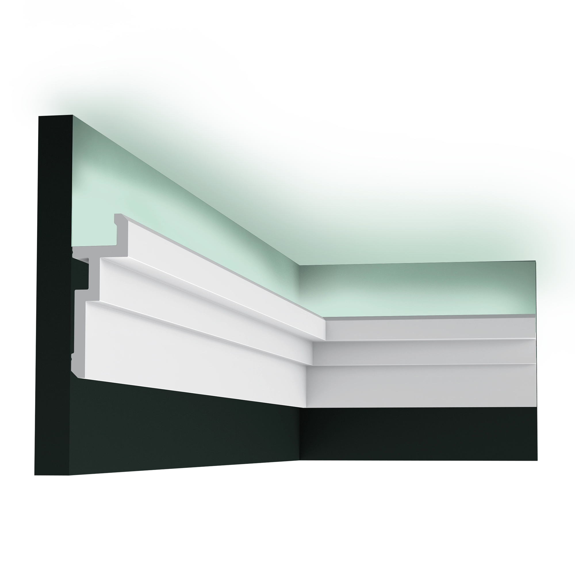 Orac Decor CX196 LED uplighter coving on ceiling and wall corner, modern white profile with soft green background
