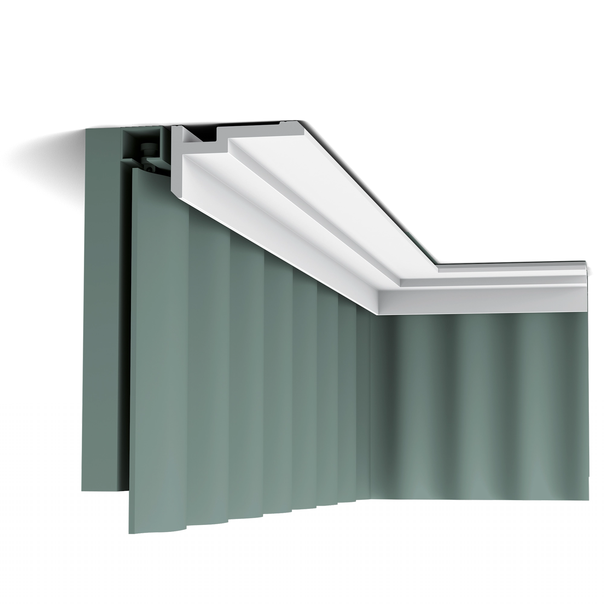 Orac Decor CX197 curtain profile ceiling-mounted with green drapes