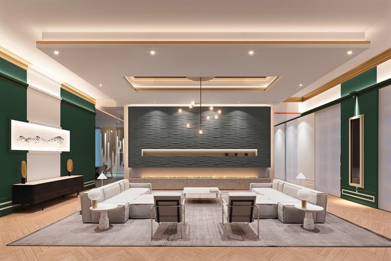 nmc 02 002097b panel moulding in a modern luxury living room corner, elegant wall detailing under ambient lighting
