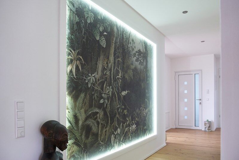NMC 02 002803 coving in a modern hallway corner with illuminated tropical wall art and wooden flooring