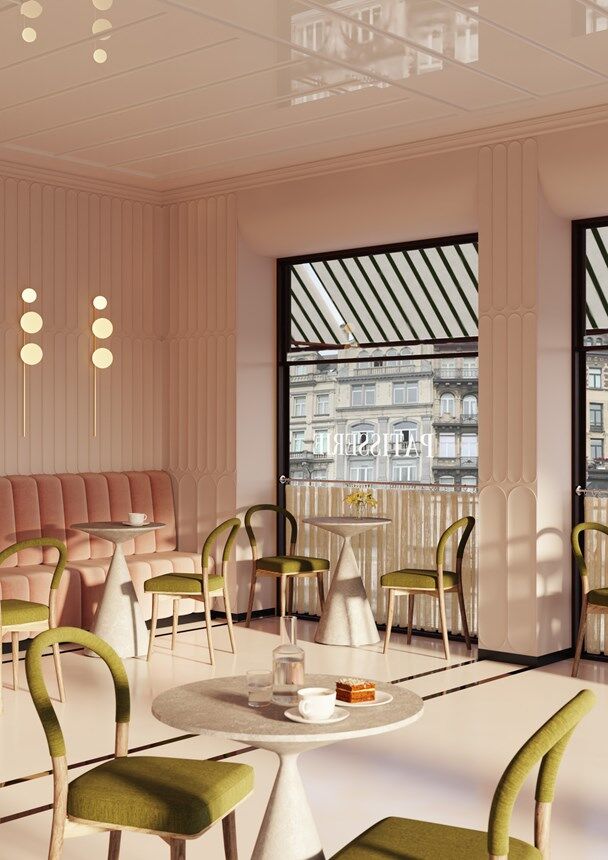 NMC 02 004218 panel moulding in a modern cafe interior with pink walls and green chairs