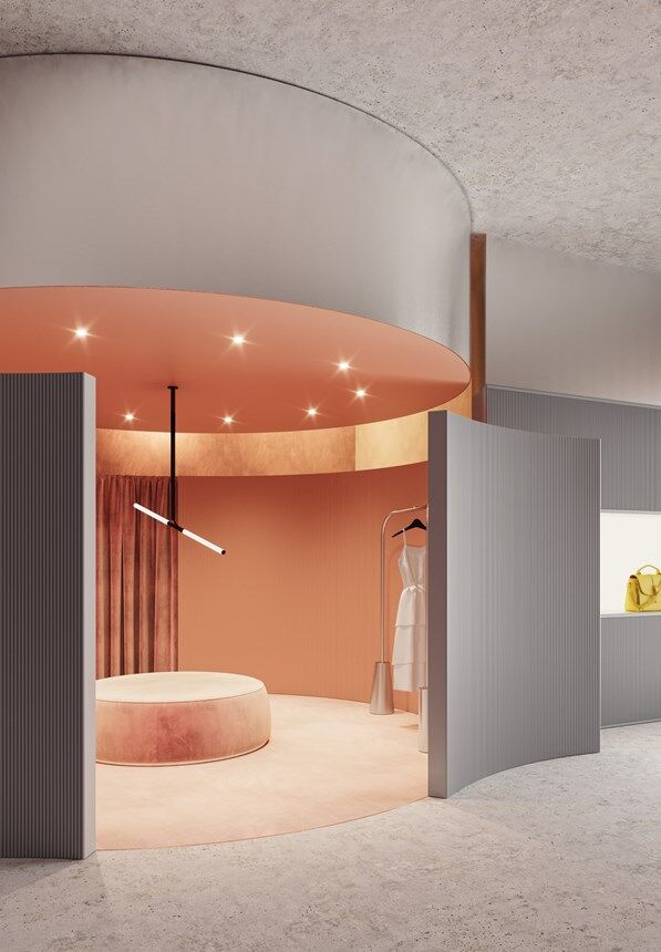 NMC 02 004230 panel moulding in a modern boutique fitting room with circular wall detail and soft lighting