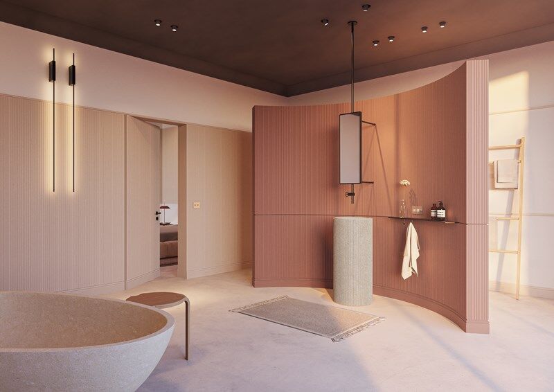 NMC 02 005160 coving in modern bathroom corner with curved wall and freestanding stone bath