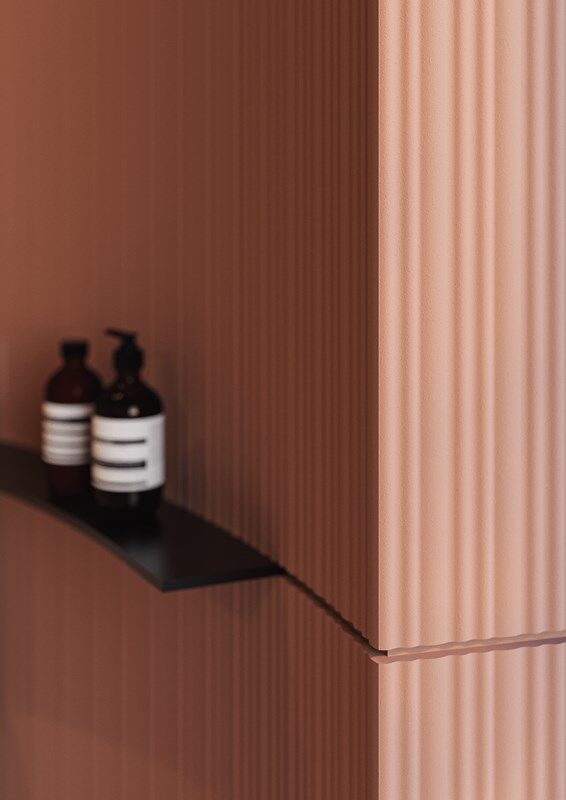 NMC 02 005163 panel moulding adds warm texture to a modern bathroom wall