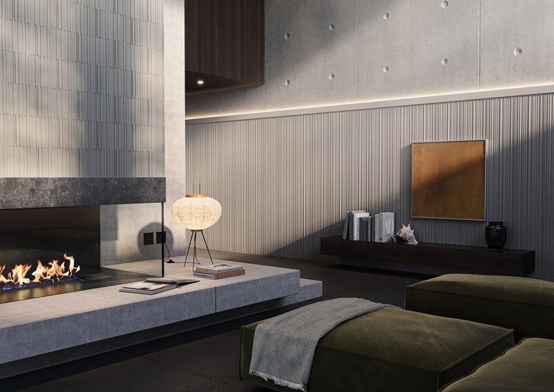 nmc 02 005179 Coving in a modern living room corner above a fireplace, minimalist decor and seating