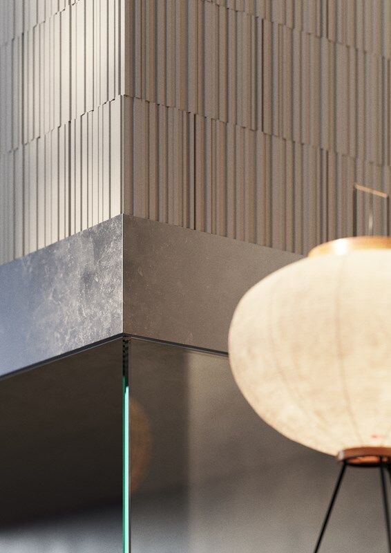 NMC 02 005180 panel moulding on corner wall with textured panels and floor lamp