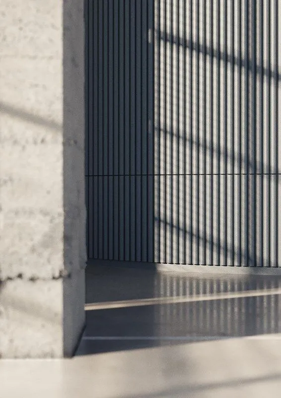 NMC 02 005190 panel moulding on wall beside concrete pillar with striped shadows