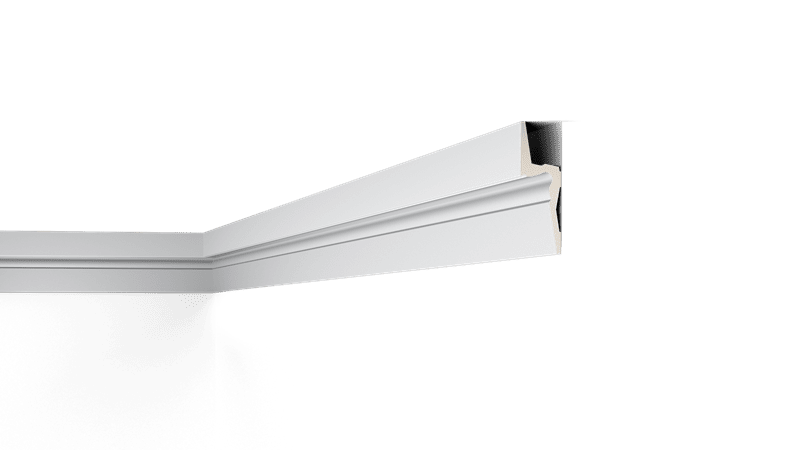 NMC Arstyl IL9 coving in white, shown fitted in a corner where wall meets ceiling