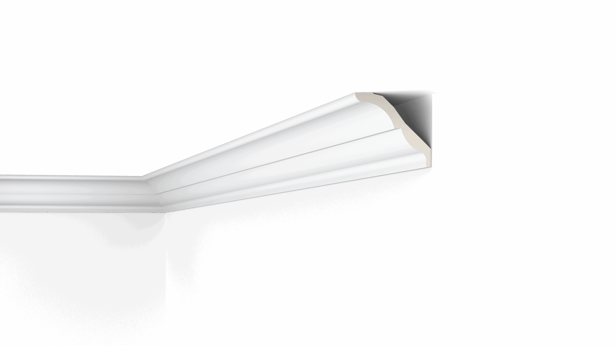 NMC Arstyl Z21 coving in white, decorative ceiling moulding shown in room corner, corner view