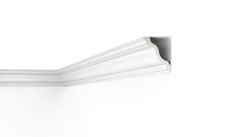 NMC Arstyl Z22 coving in white, fitted at ceiling corner with decorative profile