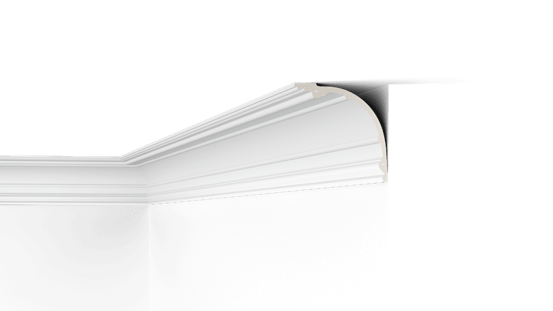 NMC Arstyl Z40 coving in white, shown fitted at a room corner for ceiling trim