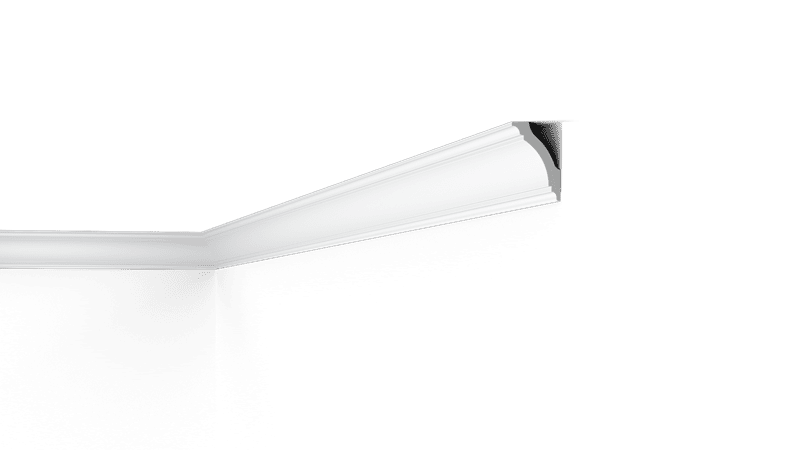 NMC 02 Nomastyl GK coving corner detail in white, shown in a room corner on black background