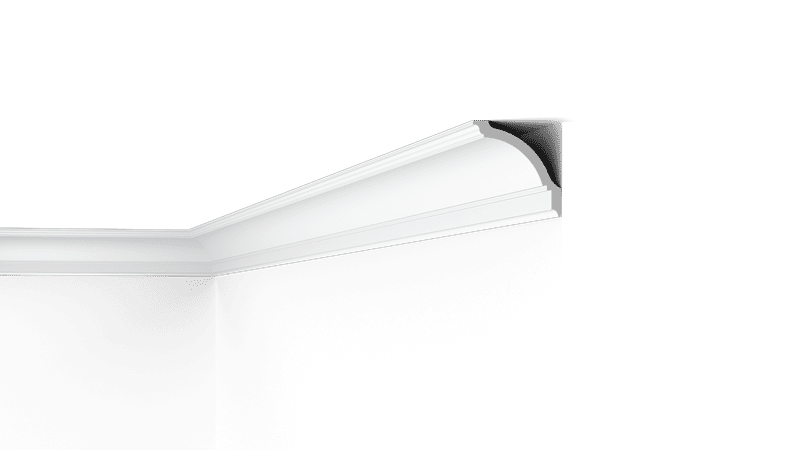 NMC 02 Nomastyl GP coving corner detail, white decorative ceiling moulding on black background