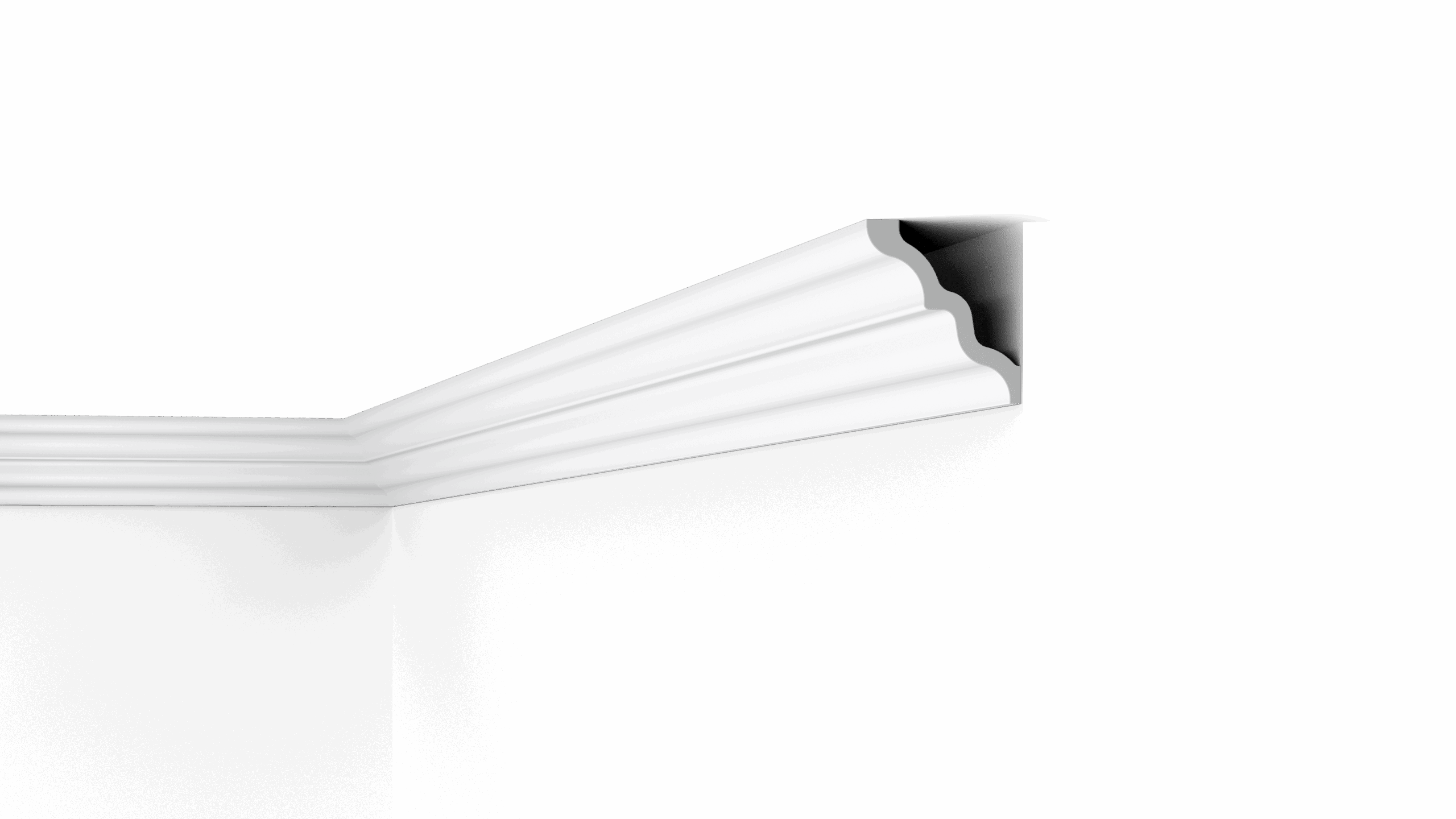 NMC 02 Nomastyl coving corner detail in white, shown against a black background